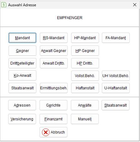 Das Fenster "Auswahl Adresse" mit Buttons