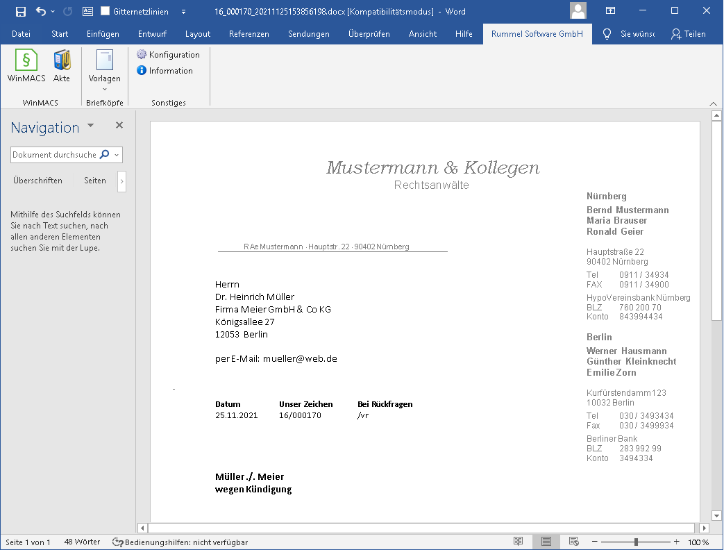 MS Word mit ausgefülltem Rohtext