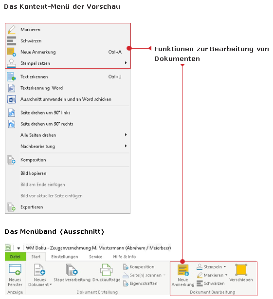 Dokument-Bearbeitung über Menüband "Start" oder Kontextmenü der Vorschau