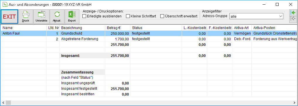 Das Fenster "Aus- und Absonderungen"