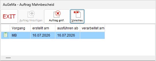 Das Fenster "AuGeMa – Auftrag Mahnbescheid"