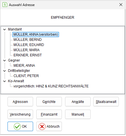 Das Fenster "Auswahl Adresse" mit Baumstruktur