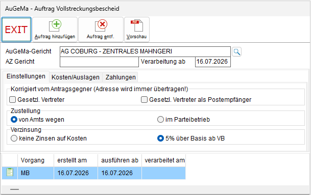 Das Fenster "AuGeMa – Auftrag Vollstreckungsbescheid"