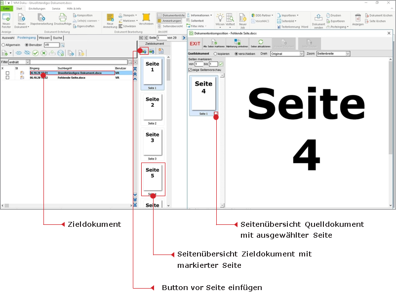 Eine nachträglich gescannte Seite ins Dokument einfügen