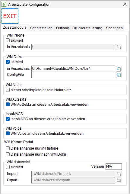 Das Fenster Arbeitsplatz-Einstellungen: die Registerkarte "Zusatzmodule"