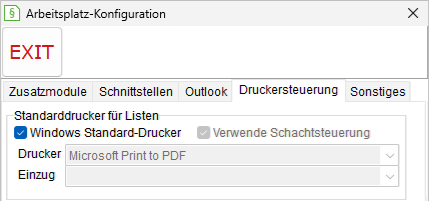 Das Fenster Arbeitsplatz-Einstellungen: der Registerkarte "Druckersteuerung"