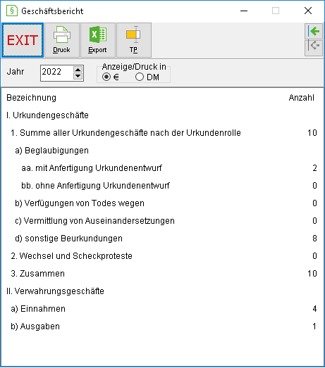 Das Fenster "Geschäftsbericht"