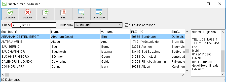 Das Suchfenster für Adressen
