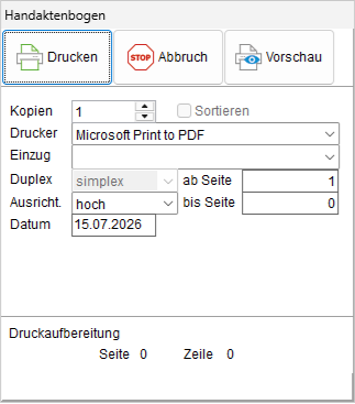 Der Druck-Dialog des Handaktenbogens