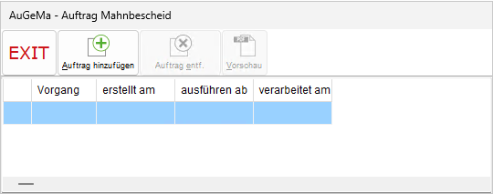 Das Fenster "AuGeMa – Auftrag Mahnbescheid"