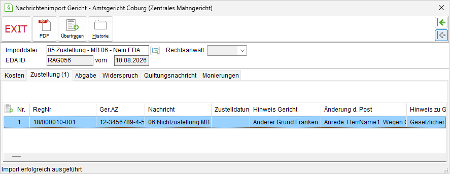 Das Fenster "Nachrichtenimport Gericht"