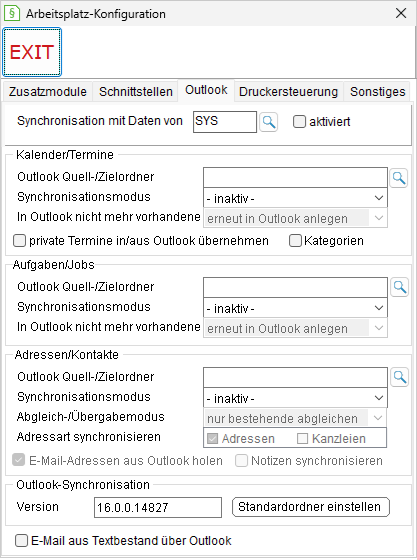 Das Fenster Arbeitsplatz-Einstellungen: die Registerkarte "Outlook"