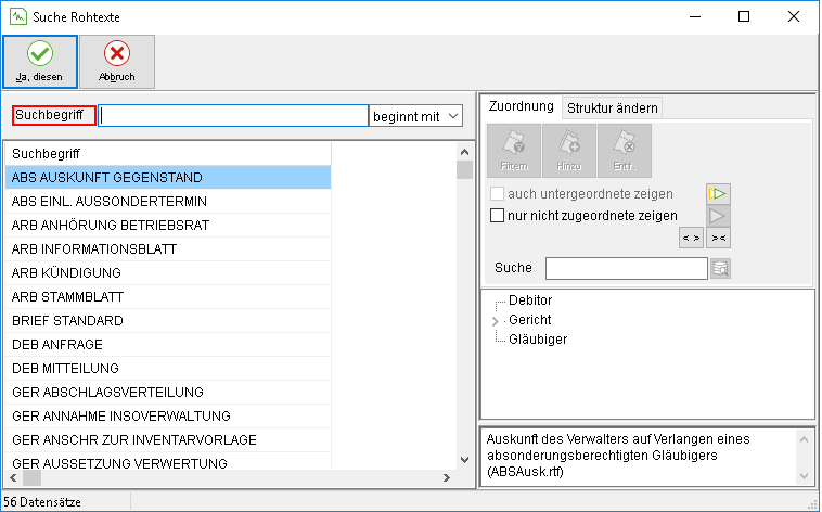 Das Fenster "Suche Rohtexte"