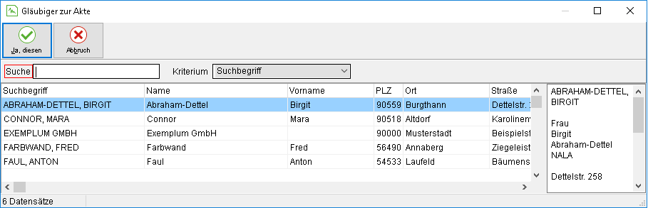 Das Fenster "Gläubiger zu Akte"