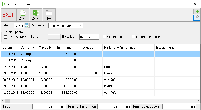 Das Fenster "Verwahrungsbuch"