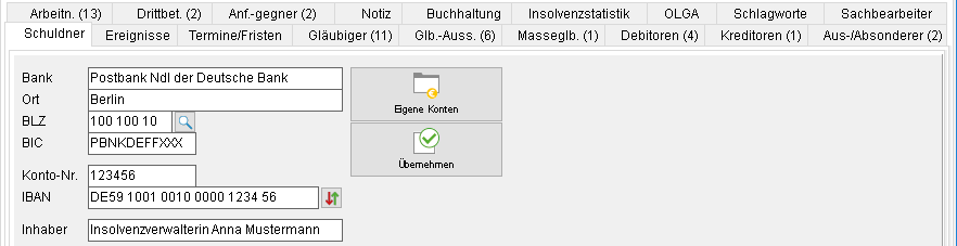 Das Aktenfenster: die Registerkarte "Schuldner", Unterebene "Verfahrenskonto"