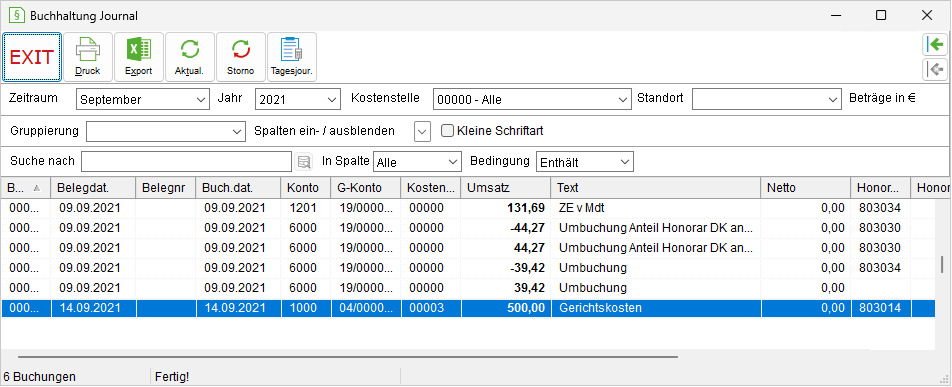 Das Fenster "Buchhaltung Journal"