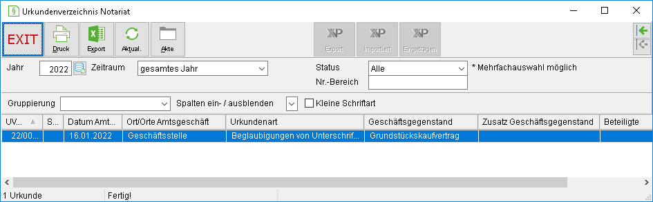 Das Fenster "Urkundenverzeichnis"