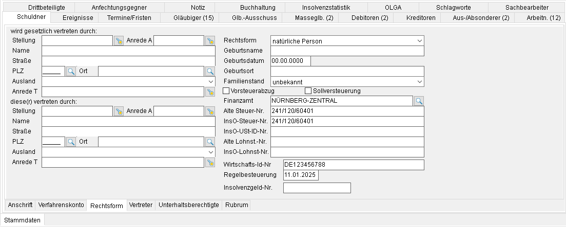 Die Akten-Registerkarte "Schuldner": die Unterebene "Rechtsform"