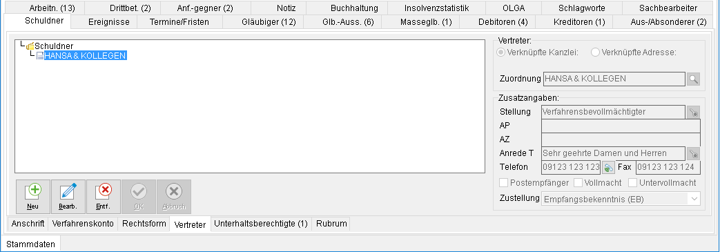 Das Aktenfenster: die Registerkarte "Schuldner", Unterebene "Vertreter"