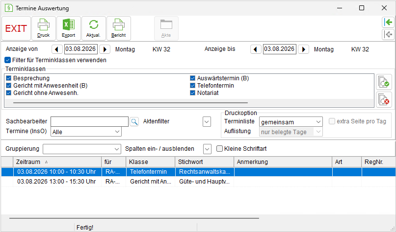Das Fenster "Termine Auswertung"