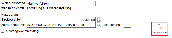 Die Akten-Registerkarte "Gericht": Unterregisterkarte "Mahnverfahren" (Ausschnitt)