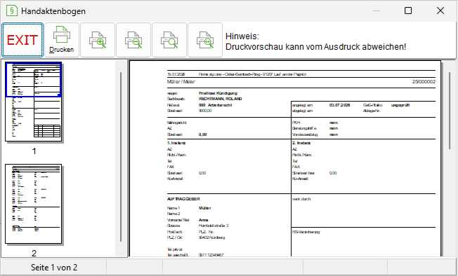 Die Druckvorschau des Handaktenbogens