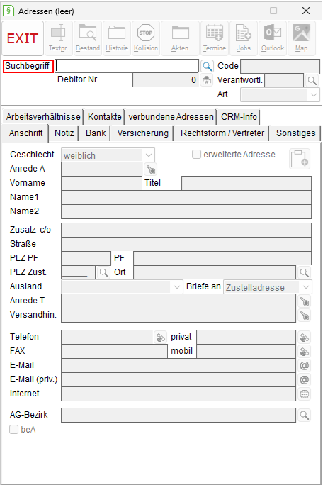 Das Adress-Fenster ohne Inhalt