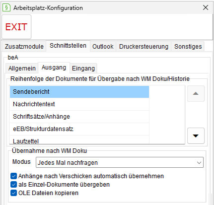 Das Fenster Arbeitsplatz-Einstellungen: die Registerkarte "Schnittstellen", beA-Ausgang