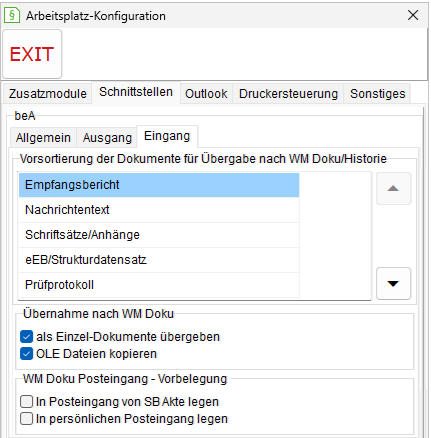 Das Fenster Arbeitsplatz-Einstellungen: die Registerkarte "Schnittstellen", beA-Eingang