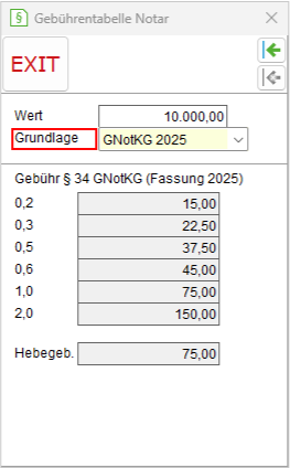 Das Fenster "Gebührentabelle Notar"