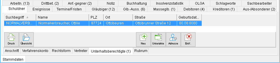 Die Akten-Registerkarte "Schuldner", die Unterebene "Unterhaltsberechtigte"