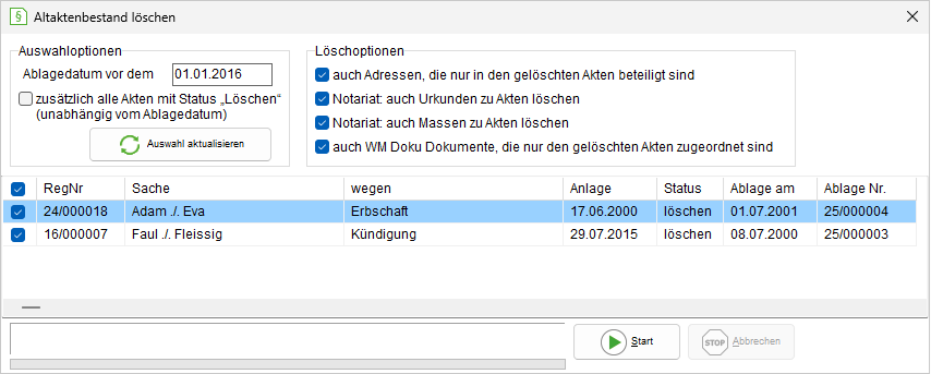 Das Fenster "Altaktenbestand löschen" mit Inhalt