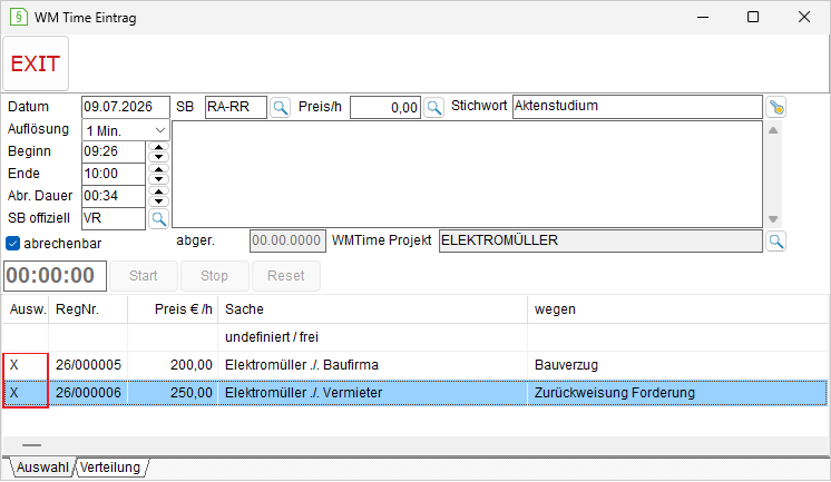 Das Fenster "WM Time Eintrag": Registerkarte "Verteilung"