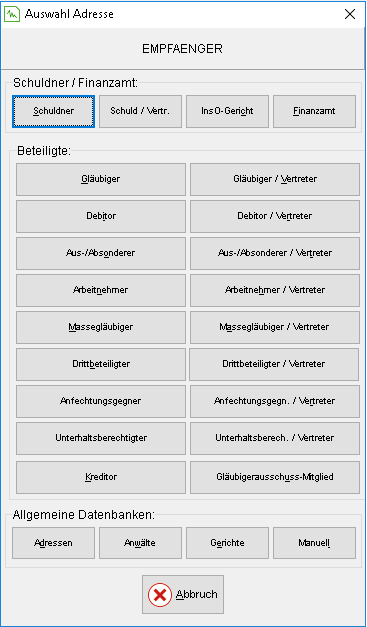 Das Fenster "Auswahl Adresse"