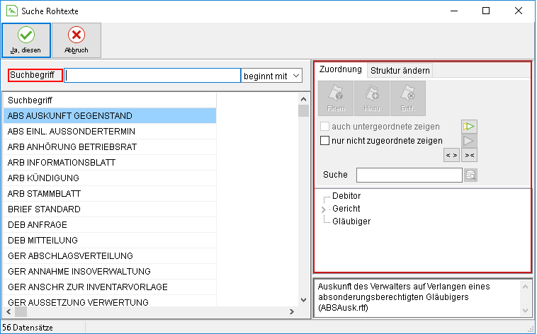 Das Fenster "Suche Rohtexte"