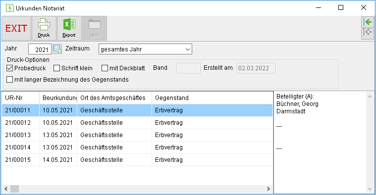 Das Fenster "Urkunden Notariat"
