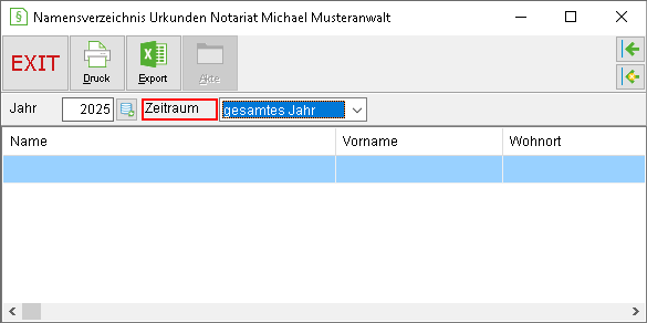Das Fenster "Namensverzeichnis Urkunden Notariat"