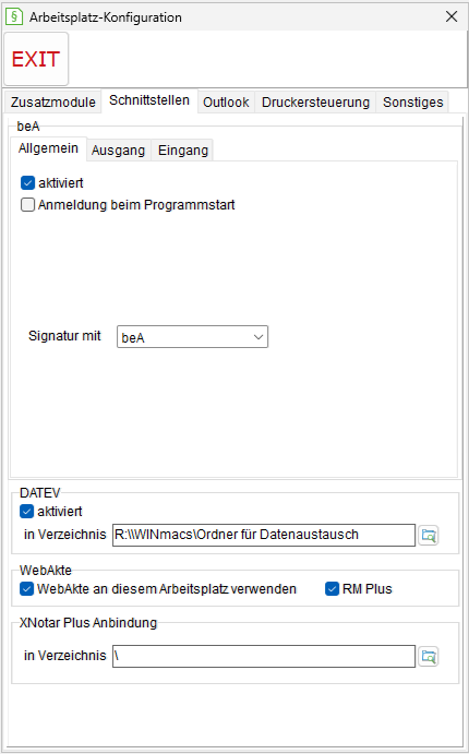 Das Fenster Arbeitsplatz-Einstellungen: die Registerkarte "Schnittstellen"