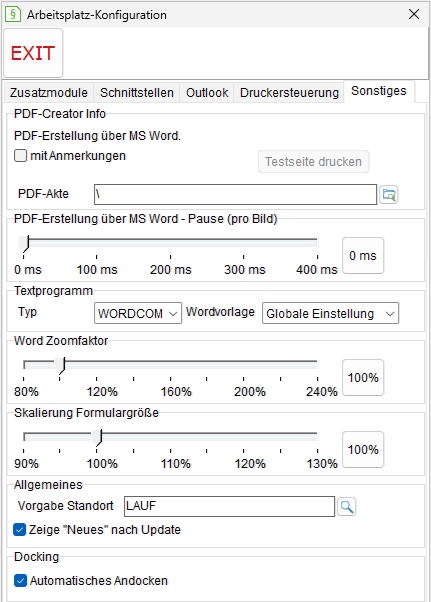 Das Fenster Arbeitsplatz-Einstellungen: die Registerkarte "Sonstiges"