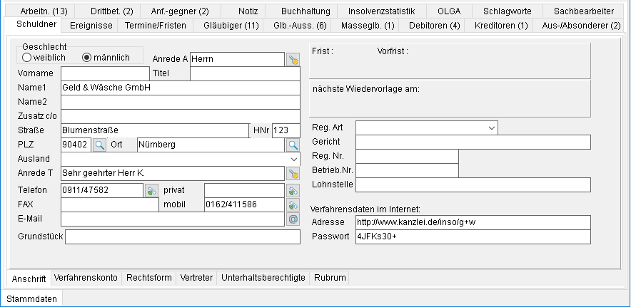 Das Aktenfenster: die Registerkarte "Schuldner", Unterebene "Anschrift"
