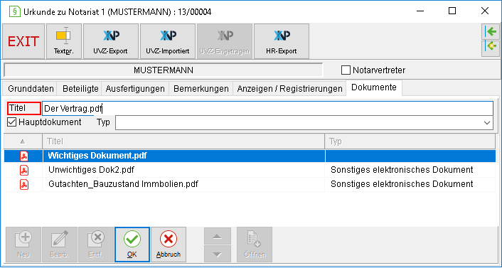 Das Urkunden-Fenster