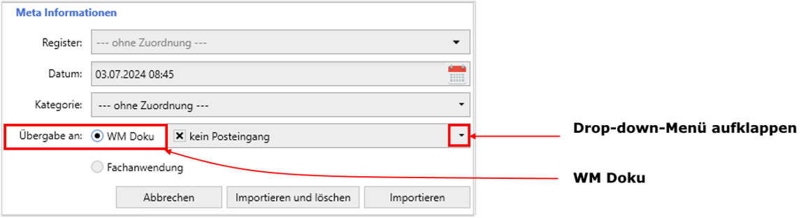Auswahl des Übergabeziels
