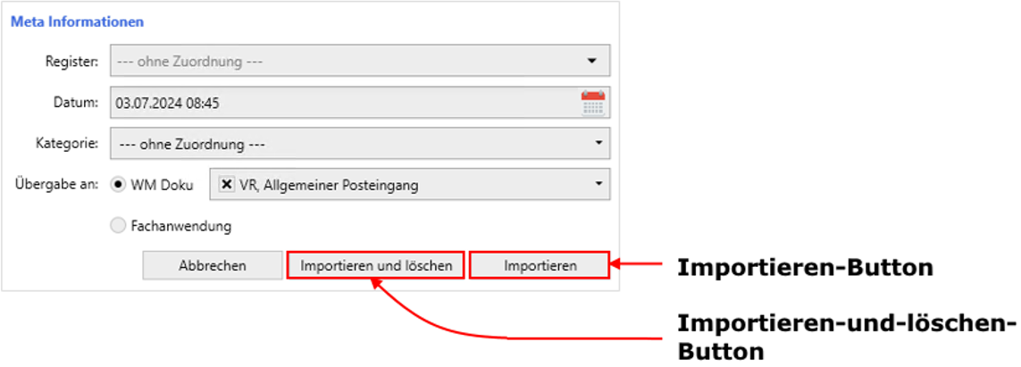 Verschiedene Import-Buttons im Import-Fenster