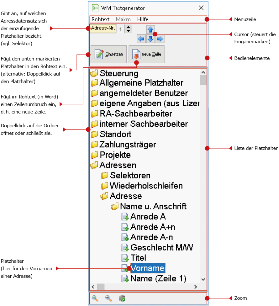 Textgenerator mit Beschriftung der Bedienelemente