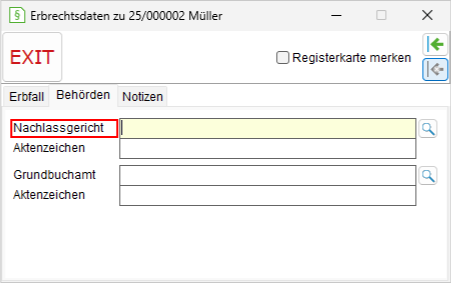 Das Detailsfenster für Erbrecht bzw. Erbrechtdaten: die Registerkarte "Behörden"