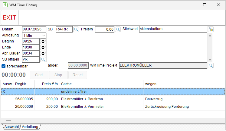 Das Fenster "WM Time Eintrag" mit Zeiterfassungseinträgen