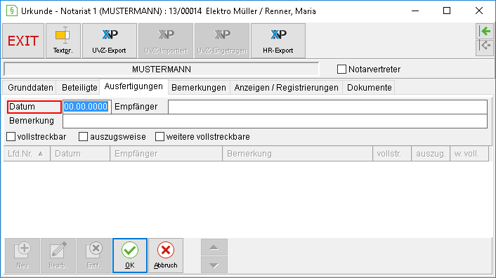 Das Urkunden-Fenster: die Registerkarte "Ausfertigungen"