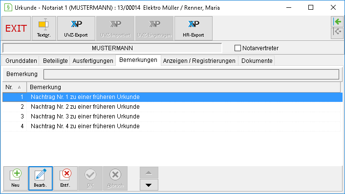 Das Urkunden-Fenster: die Registerkarte "Bemerkungen"