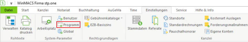 Menüband "Einstellungen" mit hervorgehobenem Button Programm